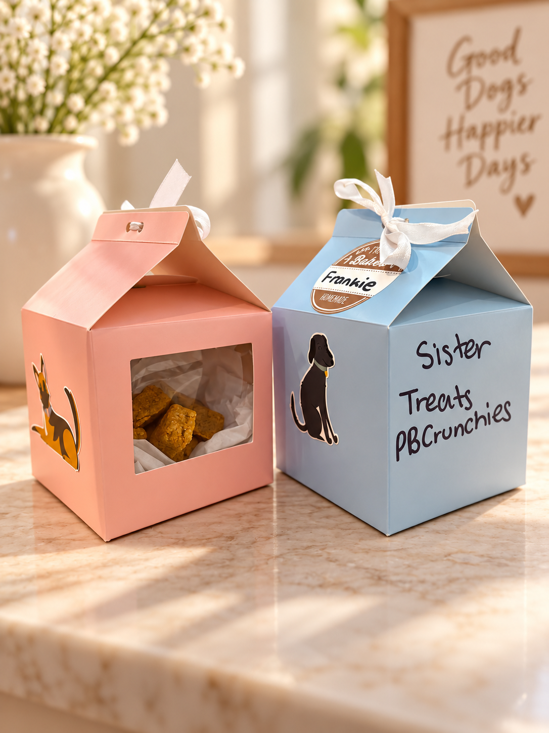 Two Sister Treats boxes, one pink and one blue, tied with white ribbon and filled with PB Crunchies