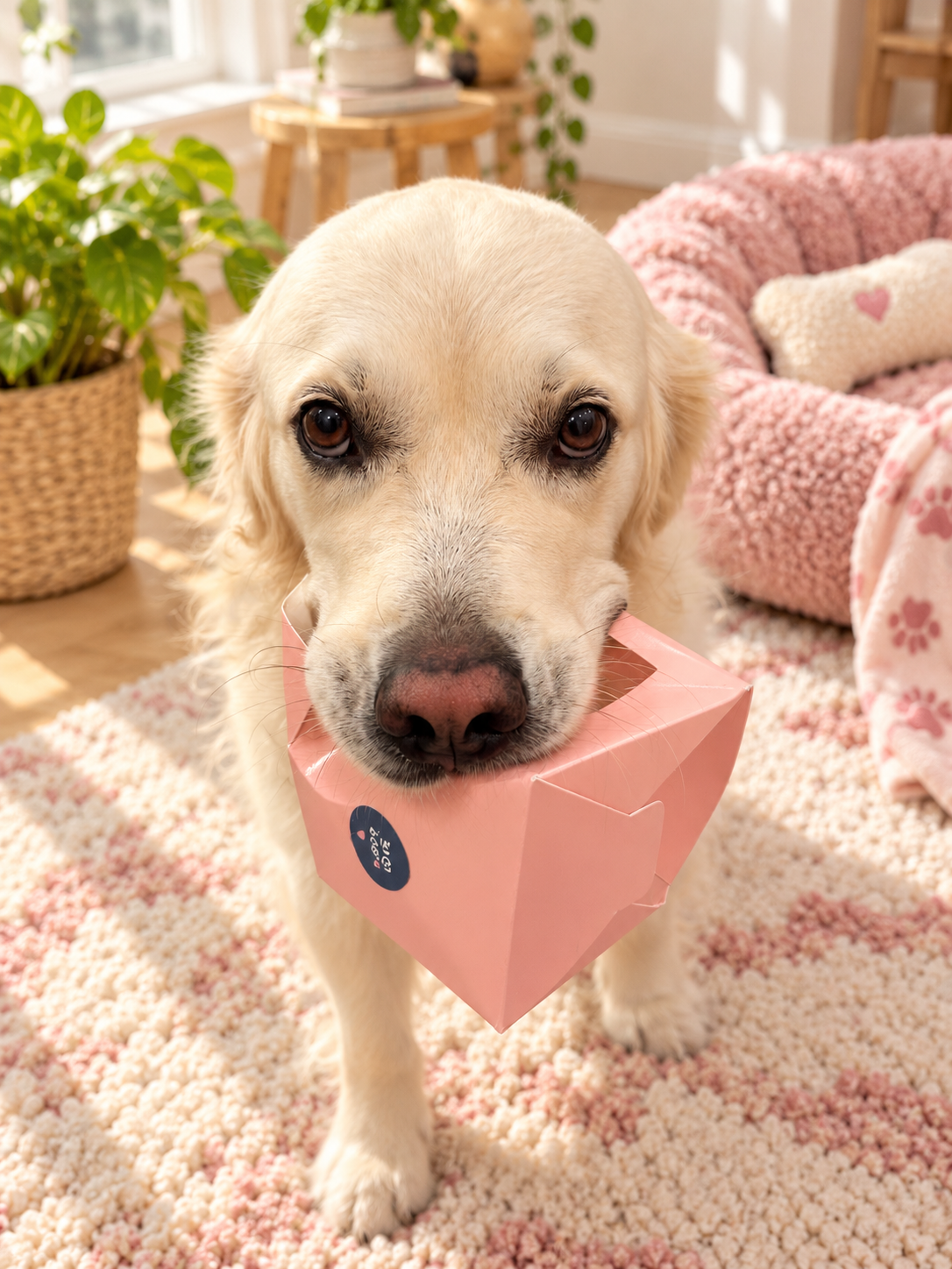 Pearl, a golden retriever, holding a pink Sister Treats box
