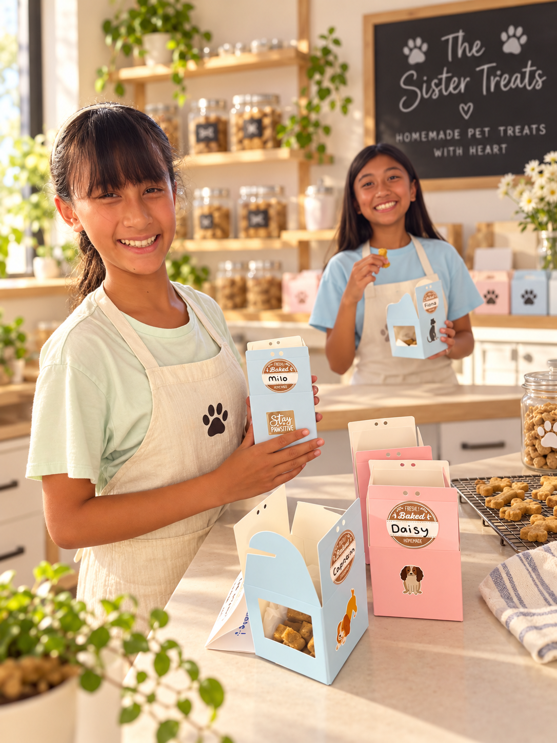 Alessia and Althea in aprons in the kitchen, holding Sister Treats boxes filled with PB Crunchies