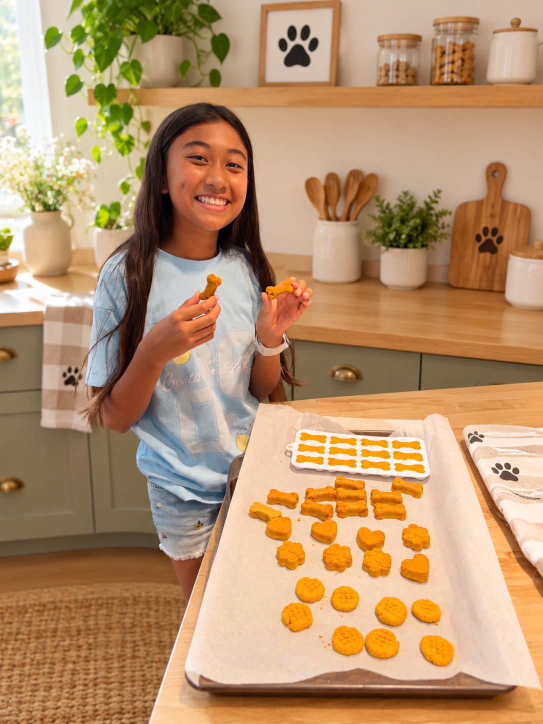 Althea in the kitchen with a tray of fresh PB Crunchies