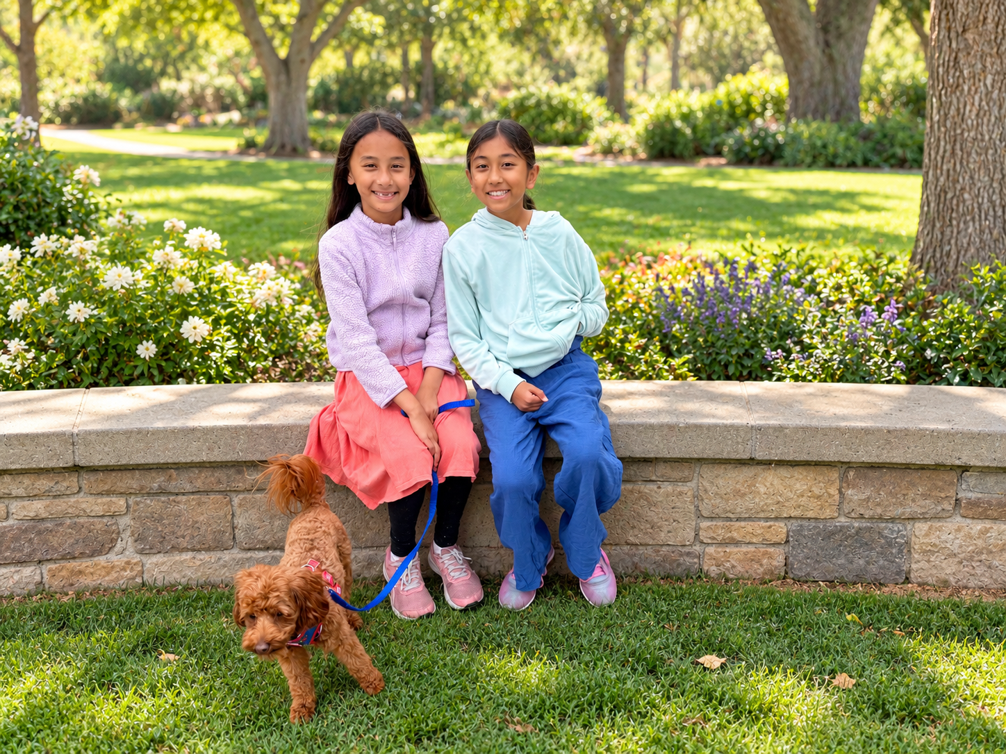 Alessia and Althea sitting on a park wall with Ruby on a blue leash