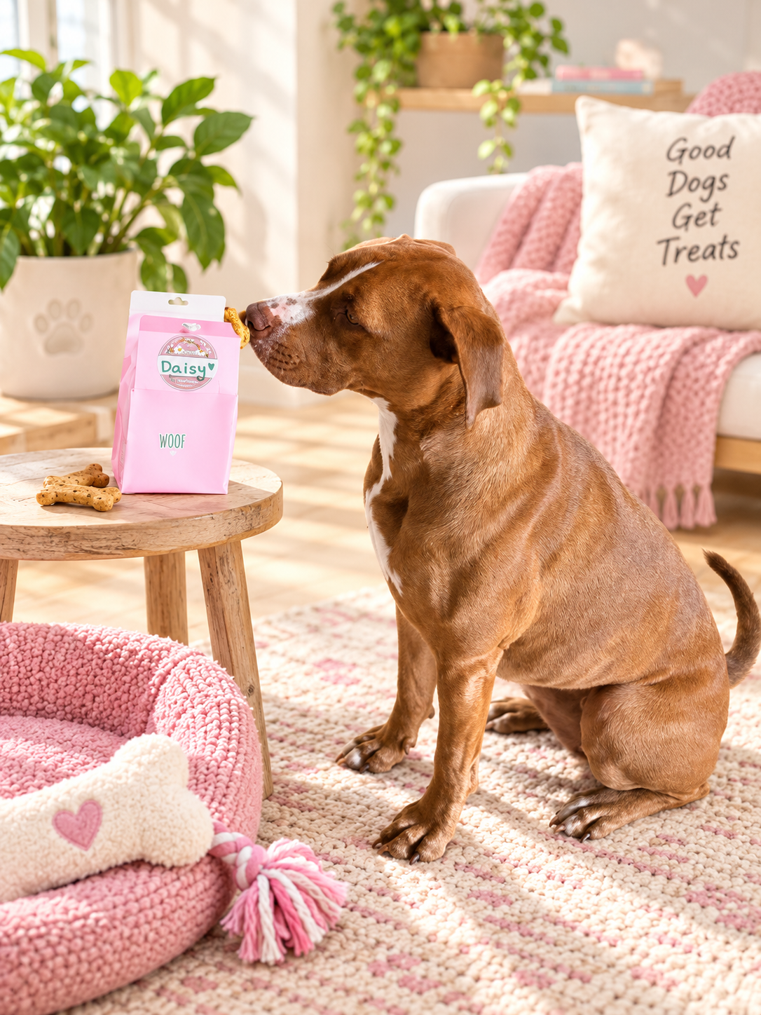 Daisy, a brown pup, enjoying a treat beside a pink treat bag